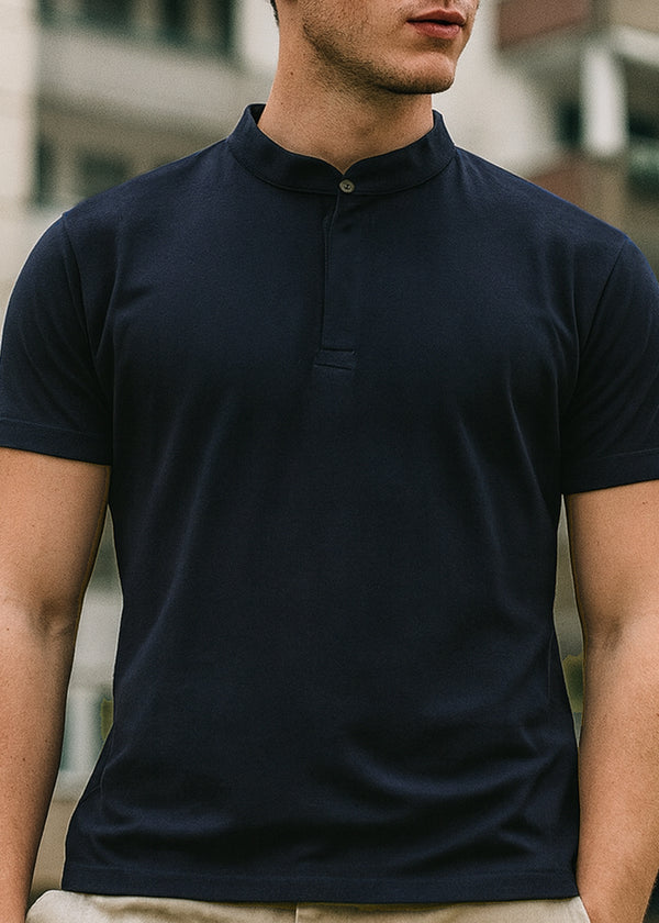 Κοντομάνικη μπλούζα GUF - 00124-5 - mao polo slim fit tee μπλε σκούρο