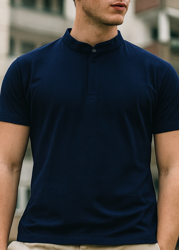 Κοντομάνικη μπλούζα GUF - 00124-5 - mao polo slim fit tee μπλε σκούρο