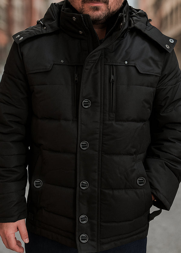 Ανδρικό μπουφάν με αποσπώμενη κουκούλα GUF-22068-hooded puffer μαύρο