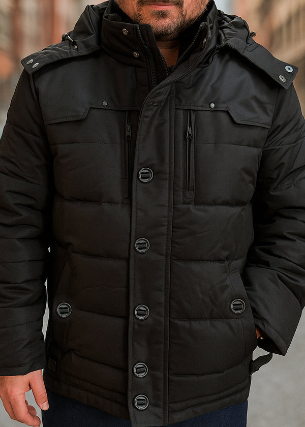 Ανδρικό μπουφάν με αποσπώμενη κουκούλα GUF-22068-hooded puffer μαύρο