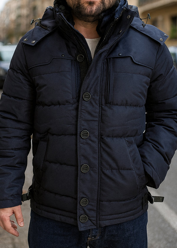 Ανδρικό μπουφάν με αποσπώμενη κουκούλα GUF-22068-hooded puffer μπλε