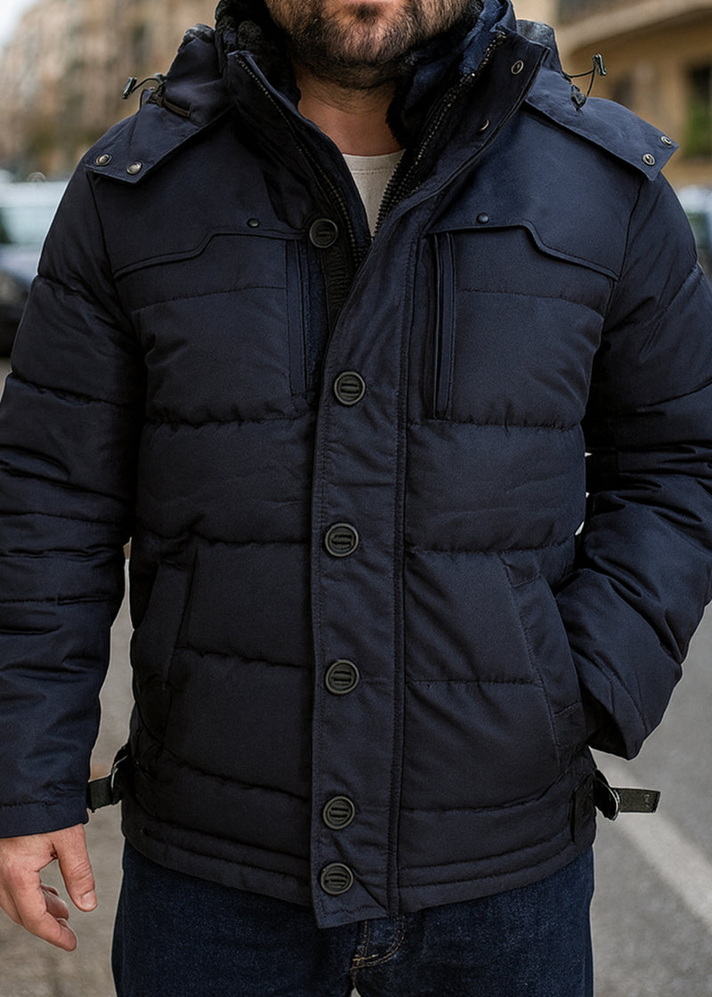 Ανδρικό μπουφάν με αποσπώμενη κουκούλα GUF-22068-hooded puffer μπλε