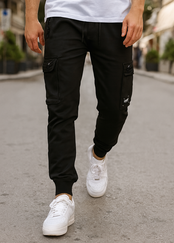 Ανδρική φόρμα κάργκο με χνούδι - GUF - DB-7357 - cargo pants regular fit μαύρο