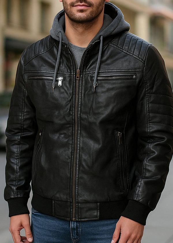 Ανδρικό μπουφάν με κουκούλα και γούνινη επένδυση GUF-H206-B-dermatine jacket μαύρο