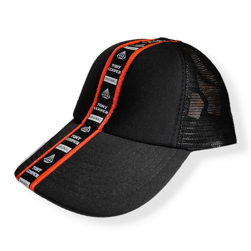 Tony couper  - HAT22/30 - taped orange baseball cap - black
