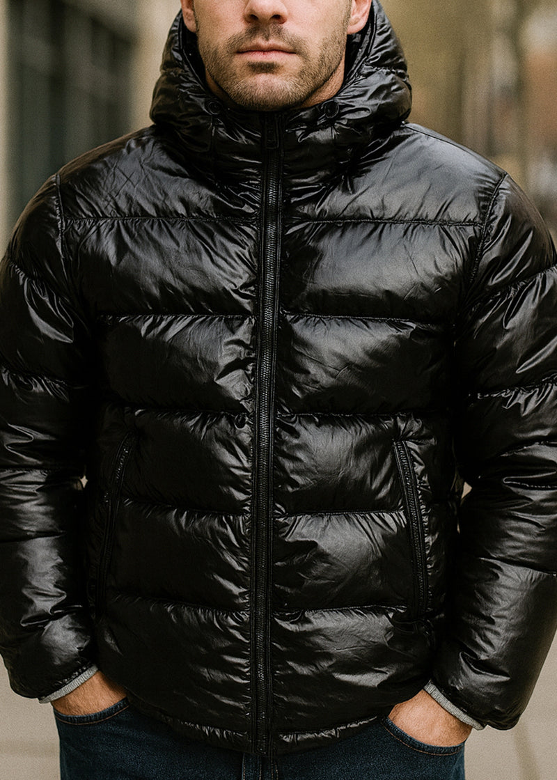 Ανδρικό μπουφάν με αποσπώμενη κουκούλα και επένδυση GUF-R22010- simple puffer μαύρο