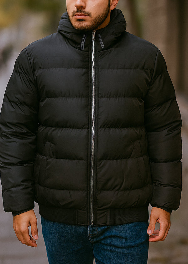 Ανδρικό μπουφάν με αποσπώμενη κουκούλα και γούνινη επένδυση GUF-R2206-puffer μαύρο