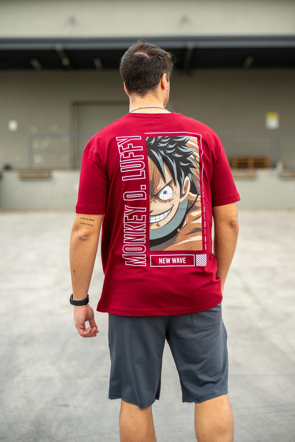 Ανδρική κοντομάνικη μπλούζα New wave clothing - 251-28 - monkey d. luffy logo μπορντώ