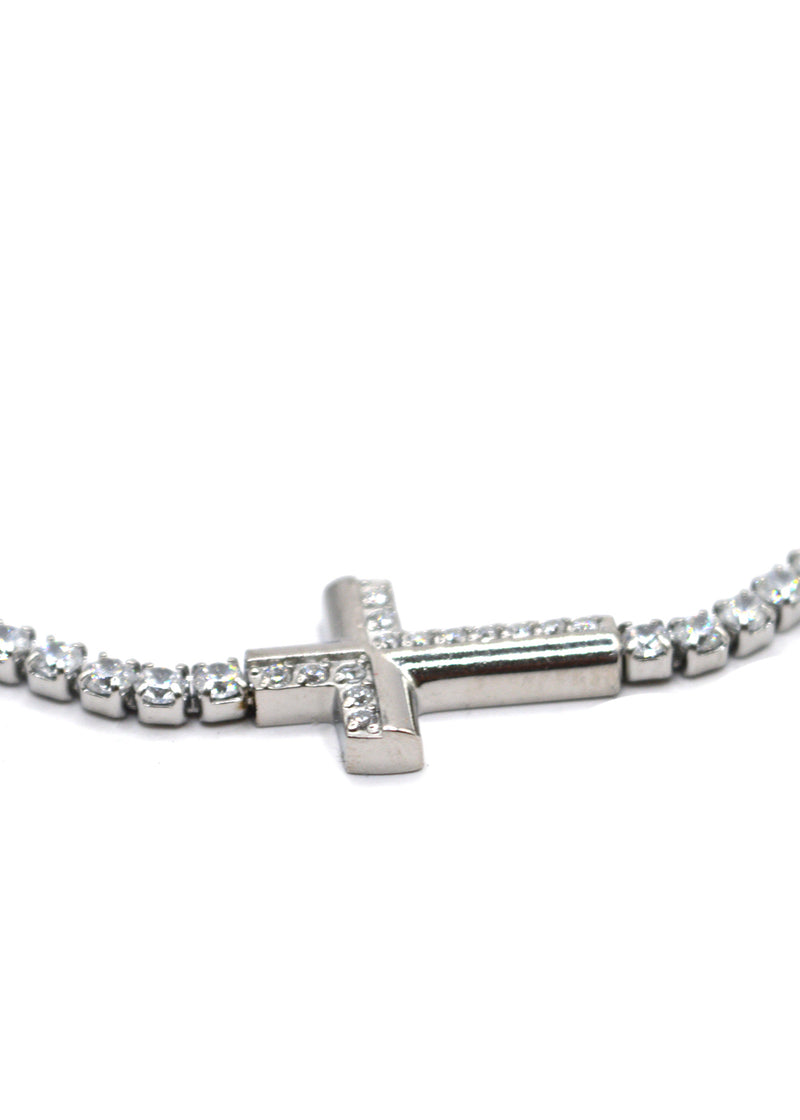 GUF - CROSS1 - high quality silver steel cross bracelet with little gems - silver