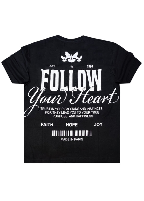 Κοντομάνικη μπλούζα GUF - Z-1204 - regular fit follow your heart μαύρο