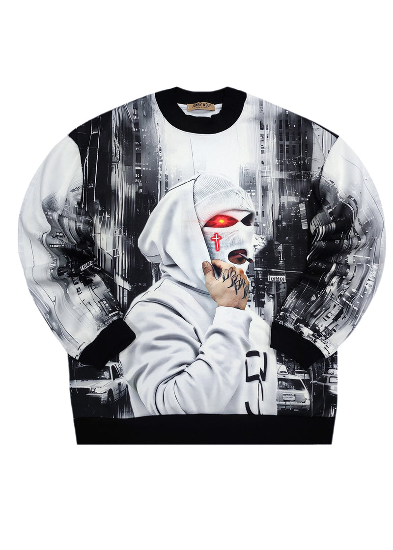 Ανδρικό Μακρυμάνικο φούτερ Gang - ART.ZG0236B - full print gangster sweatshirt ασπρόμαυρο