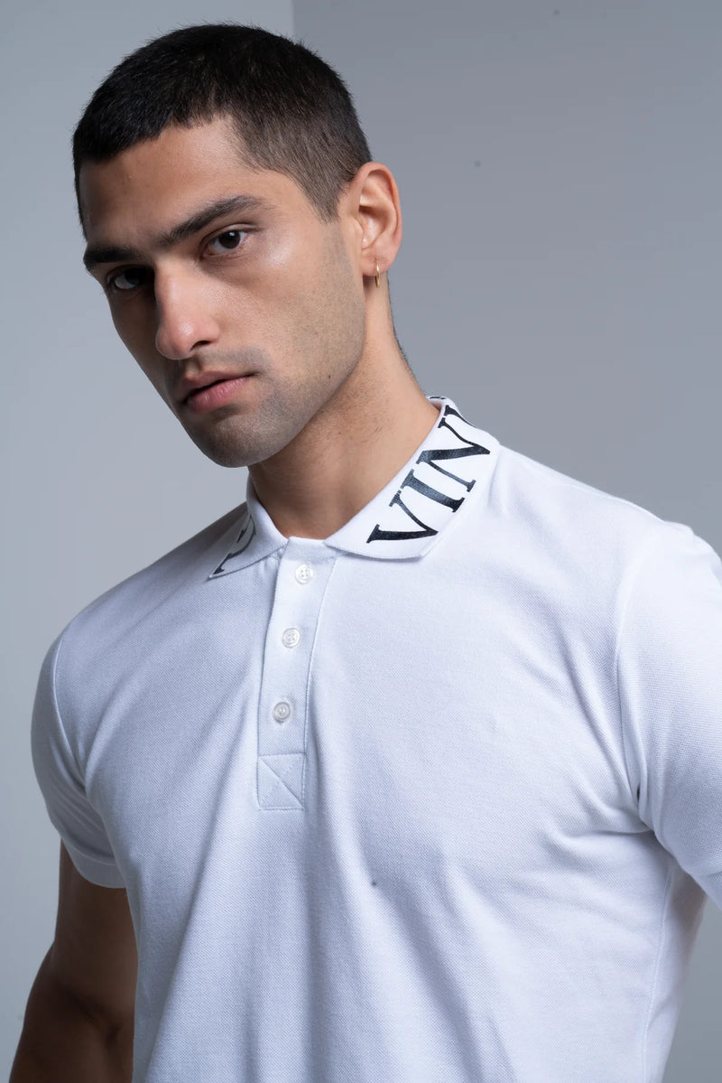 Ανδρική κοντομάνικη μπλούζα Vinyl art clothing - 21873-02 - printed collar polo λευκό