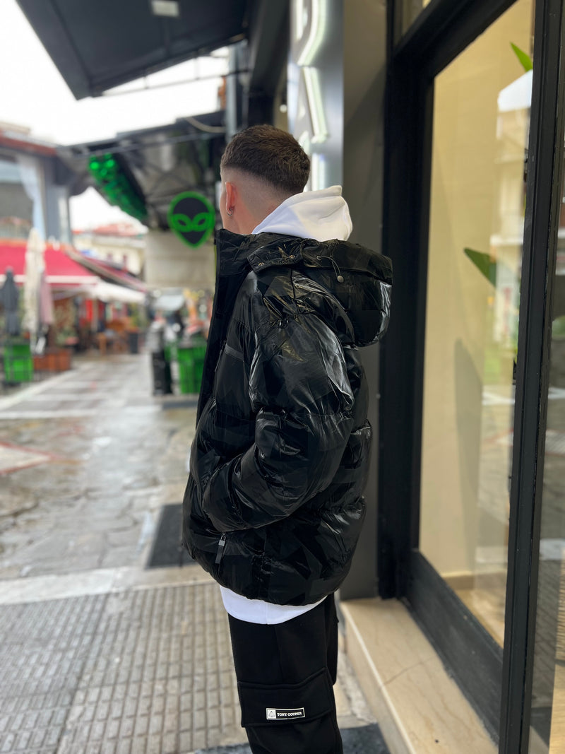 Ανδρικό μπουφάν με κουκούλα GUF-9676-pattern puffer μαύρο