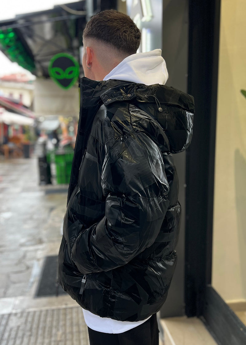 Ανδρικό μπουφάν με κουκούλα GUF-9676-pattern puffer μαύρο