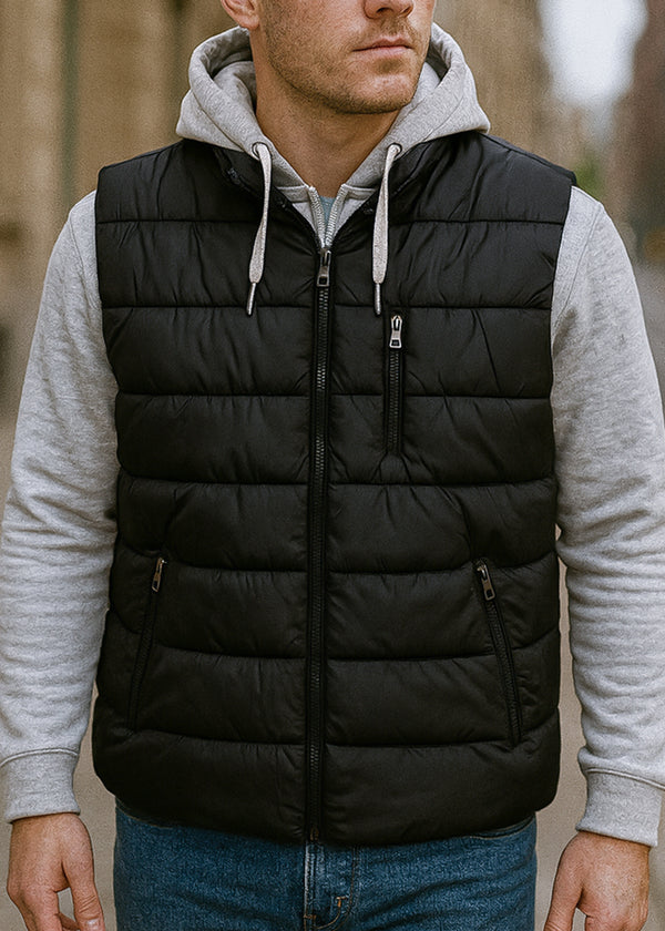 Ανδρικό αμάνικο μπουφάν με αποσπώμενη κουκούλα GUF-JD-42-black hooded sleeveless puffer μαύρο