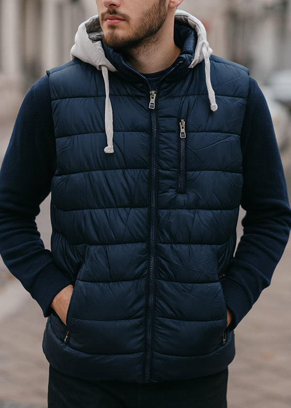 Ανδρικό αμάνικο μπουφάν με αποσπώμενη κουκούλα GUF-JD-42-blue hooded sleeveless puffer μπλε