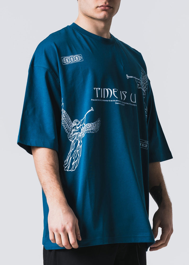 Ανδρική κοντομάνικη μπλούζα Jcyj - TRM0109 - time is up logo oversized fit tee πετρόλ