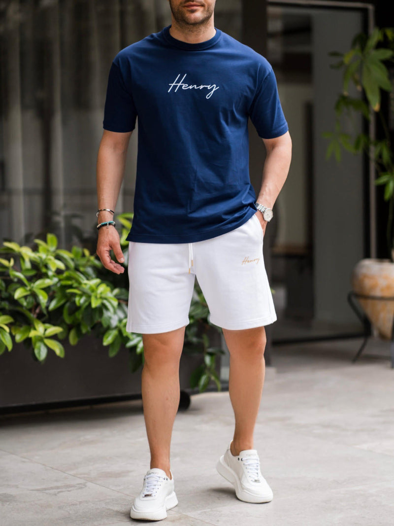 Henry clothing - 3-420 - white logo oversize tee - blue