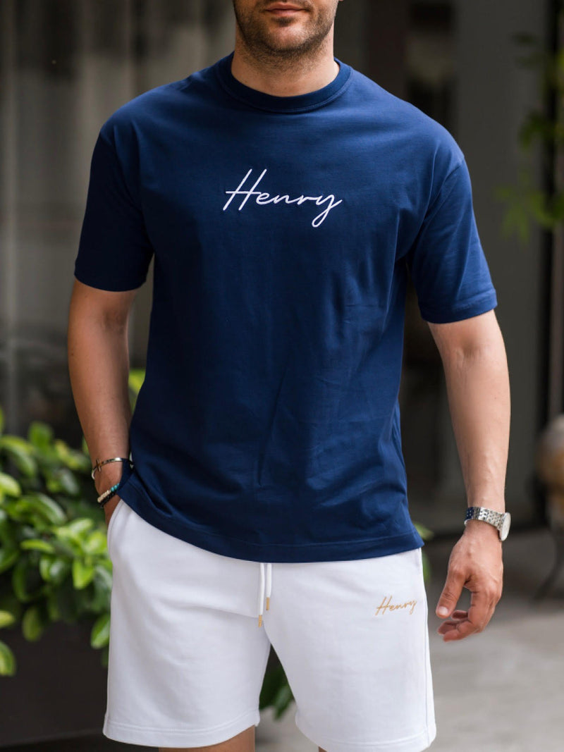 Henry clothing - 3-420 - white logo oversize tee - blue