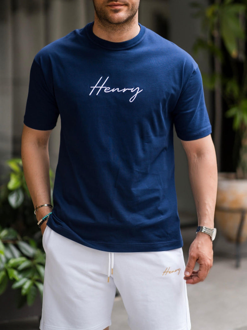 Henry clothing - 3-420 - white logo oversize tee - blue