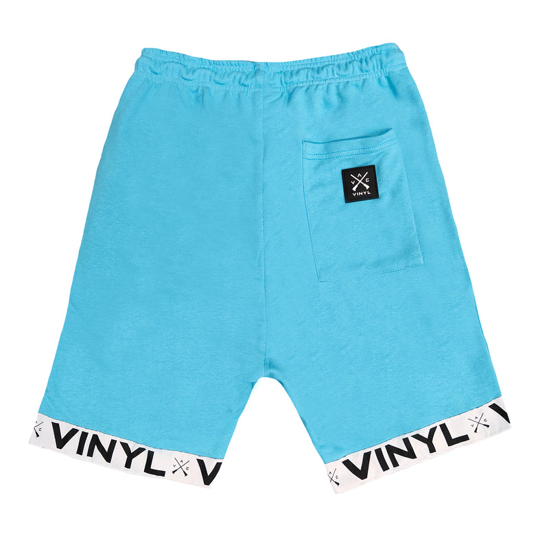 Vinyl art clothing teal shorts with logo tape