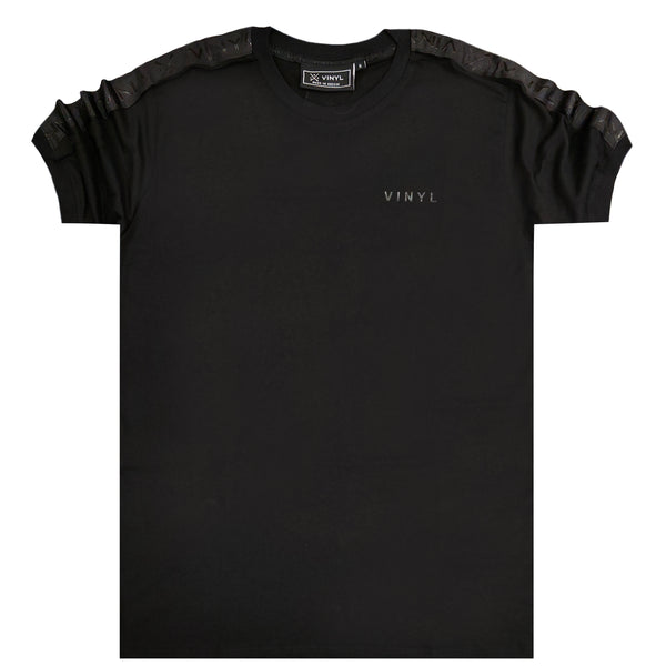 Vinyl art clothing t-shirt with logo tape - black