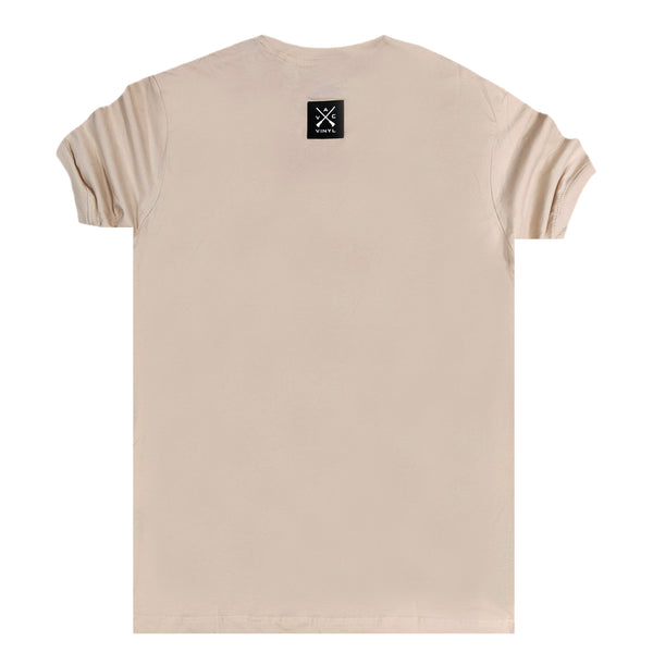 Vinyl art clothing t-shirt with logo tape - beige