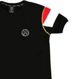 Vinyl art clothing black logo tape t-shirt with 2-stripes sleeves