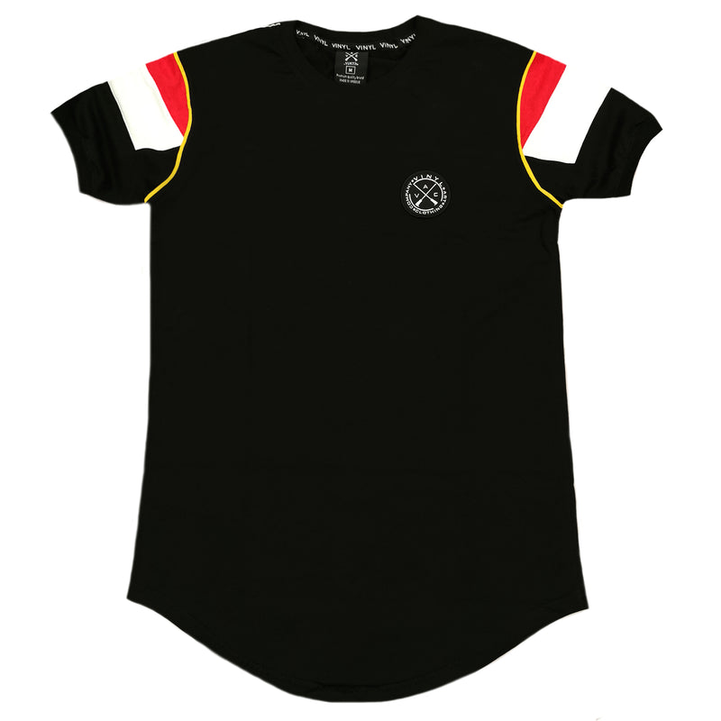 Vinyl art clothing black logo tape t-shirt with 2-stripes sleeves