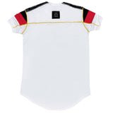 Vinyl art clothing white logo tape t-shirt with 2-stripes sleeves
