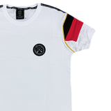 Vinyl art clothing white logo tape t-shirt with 2-stripes sleeves