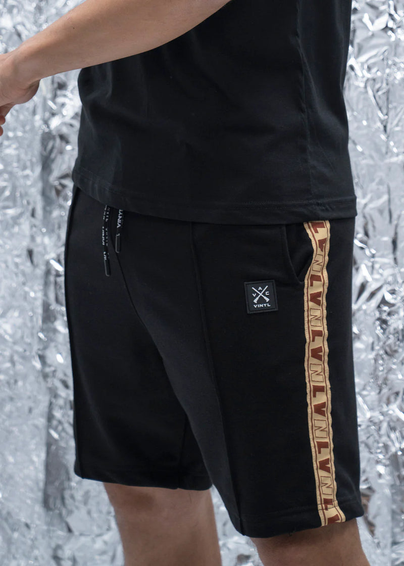 Vinyl art clothing shorts with logo tape - black