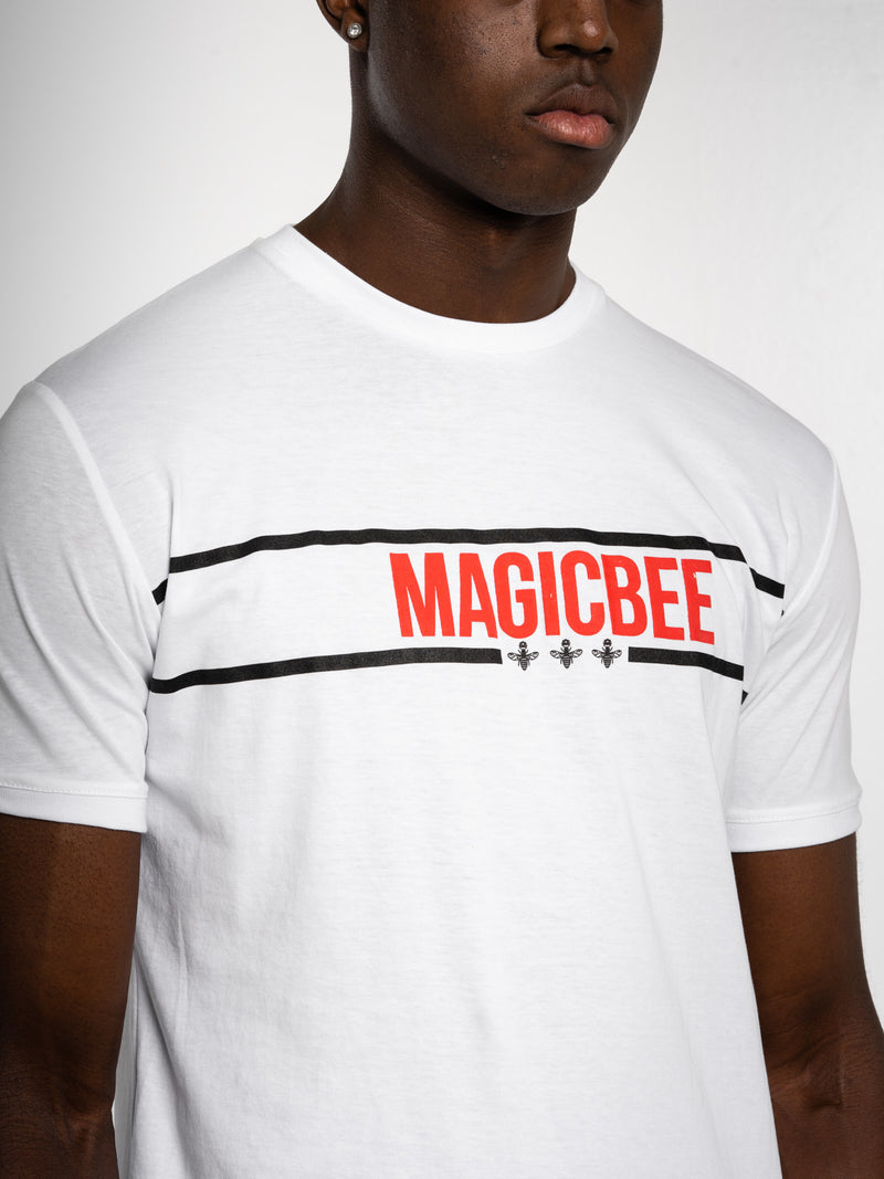 MagicBee Red/White Striped Logo Tee - White