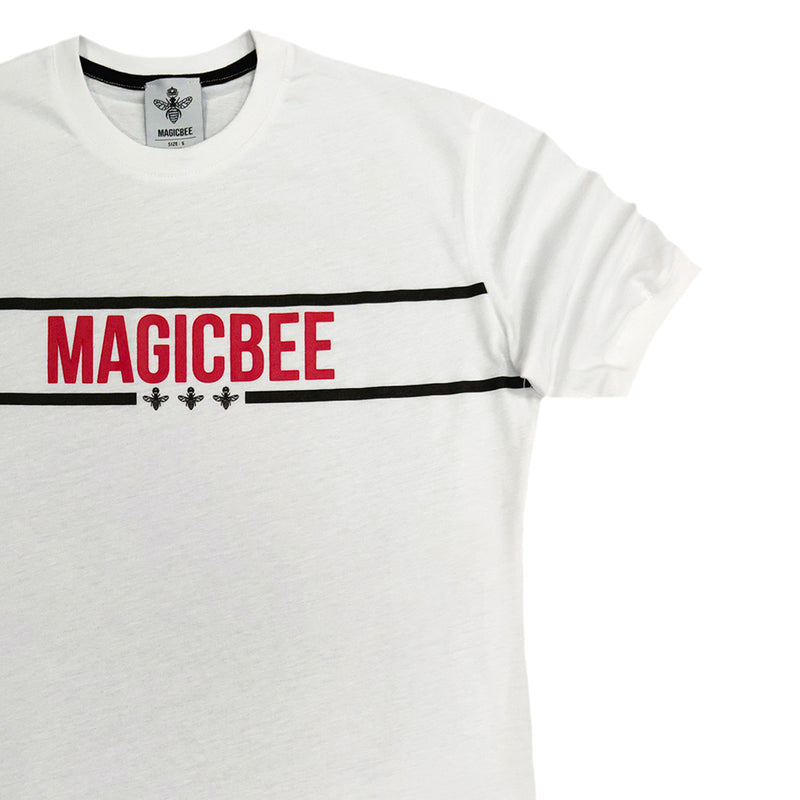 MagicBee Red/White Striped Logo Tee - White
