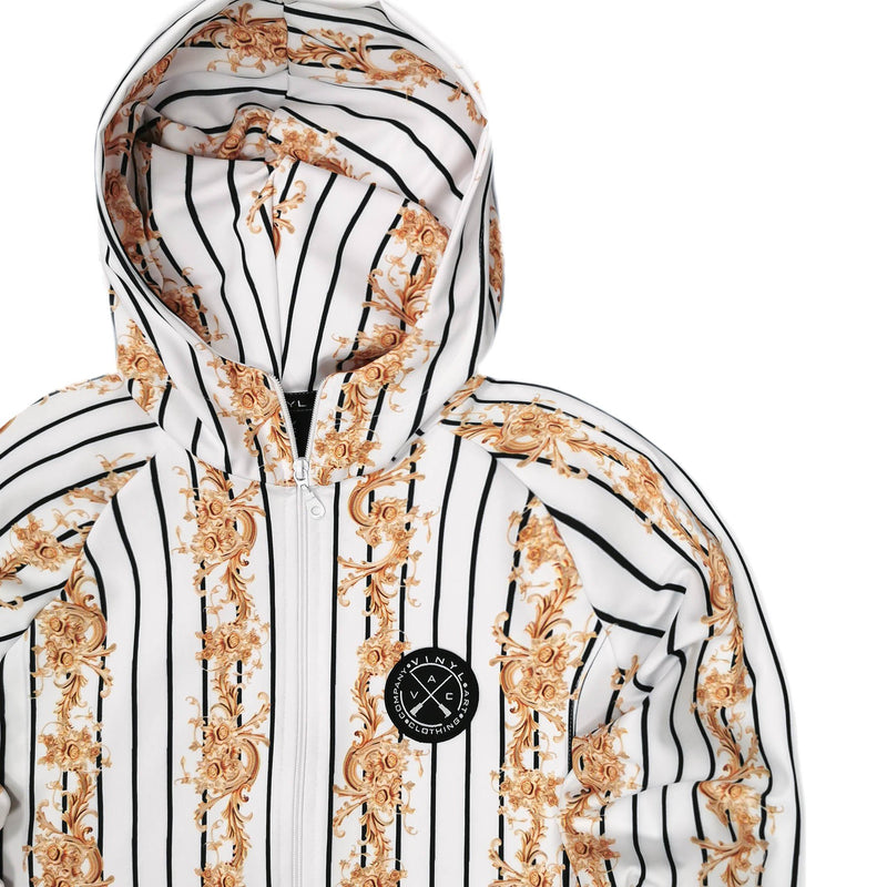 Vinyl art clothing white full-zip hoodie with allover print